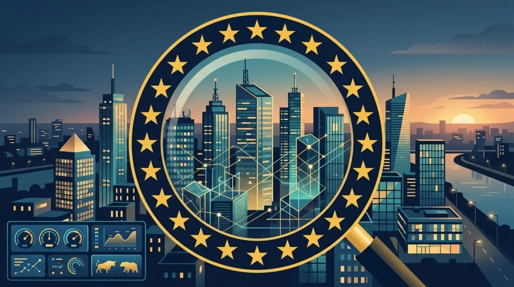 EU regulatory magnifying glass over exchange skyline with gauge dashboard